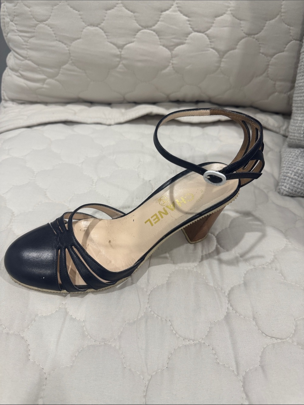 CHANEL Navy Blue Leather Strappy Ankle-Heel Sandal with Brown Wood Block Heel